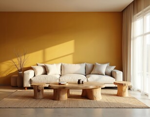 Cozy family room interior with mustard walls, minimalist wooden furniture. Home features comfortable sofa with pillows, wooden coffee table, beige rug. Sun light from window, creating warm atmosphere