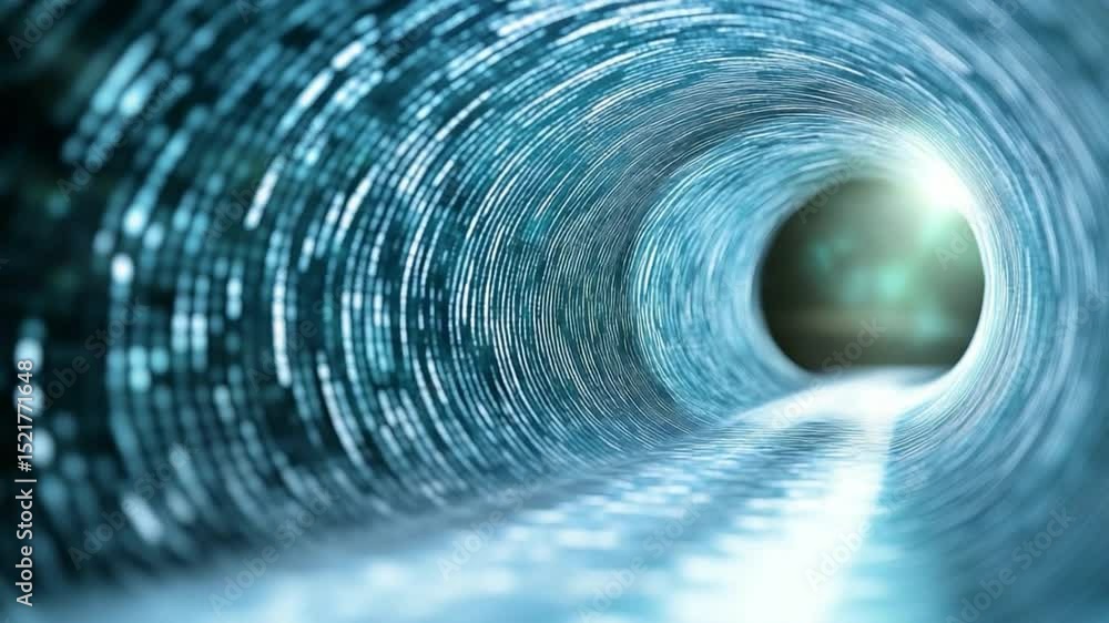Leinwandbilder Abstract Data Tunnel: Swirling data streams converge in a tunnel, leading to a distant light, symbolizing the movement of information through technology.
