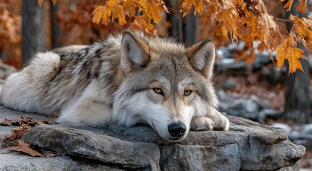 Fototapeta premium Gray Wolf Resting on Rocky Outcrop in Autumn Forest, Symbolizing Wildlife Conservation and Natural Beauty for Environmental Awareness Campaigns : Generative AI