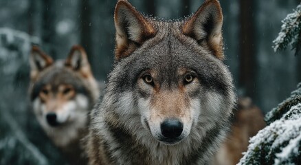 Fototapeta premium Gray Wolves in Snowy Forest Environment, Representing Wildlife Conservation and Natural Habitat Preservation : Generative AI