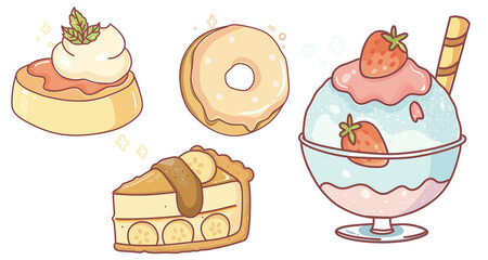 Cute Hand Drawn Desserts - Donut, Panna Cotta, Bingsu, Banoffee | PNG Vector Style