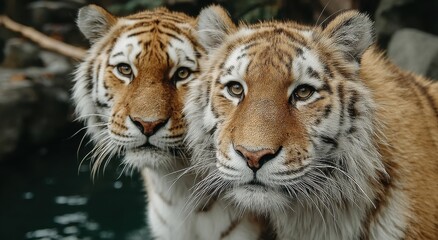 Fototapeta premium Two Siberian Tigers Close Up, Representing Wildlife Conservation and Endangered Species Awareness, a Powerful Image for Animal Welfare Campaigns : Generative AI