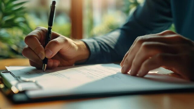 Close-Up of Hands Writing on Document