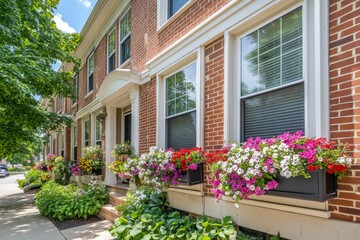Brightly colored flower boxes adorn each window of this elegant townhouse, showcasing the beauty of brick architecture. Lush greenery lines the walkway, creating a welcoming atmosphere