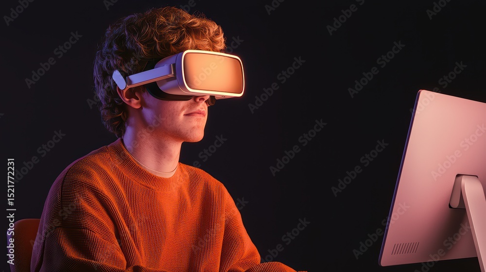 Poster Young Man Using Virtual Reality Headset with Computer in Modern Setup for Gaming or Digital Experience