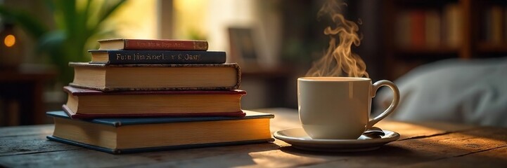 Cozy scene featuring a stack of popular books, a steaming mug, and soft lighting, perfect for a relaxing reading experience , cozy, fireplace