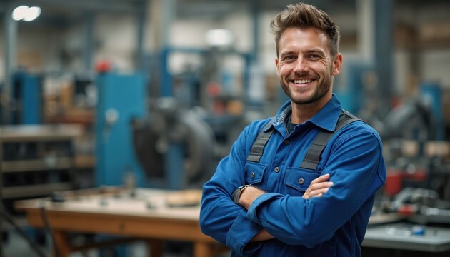Young mechanic in blue work overall smiles with crossed arms in industrial workshop. Confident automotive technician man, happy, working, repair, industry, profession. Auto repair service, car