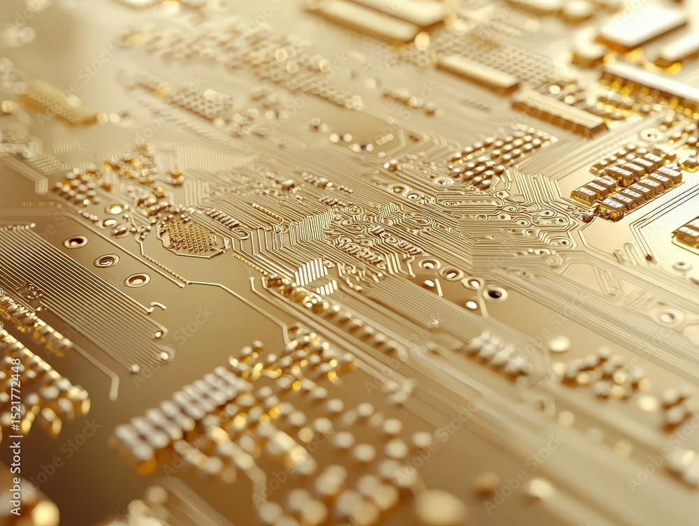Poster a golden printed circuit board with intricate electronic pathways and components, symbolizing advanc