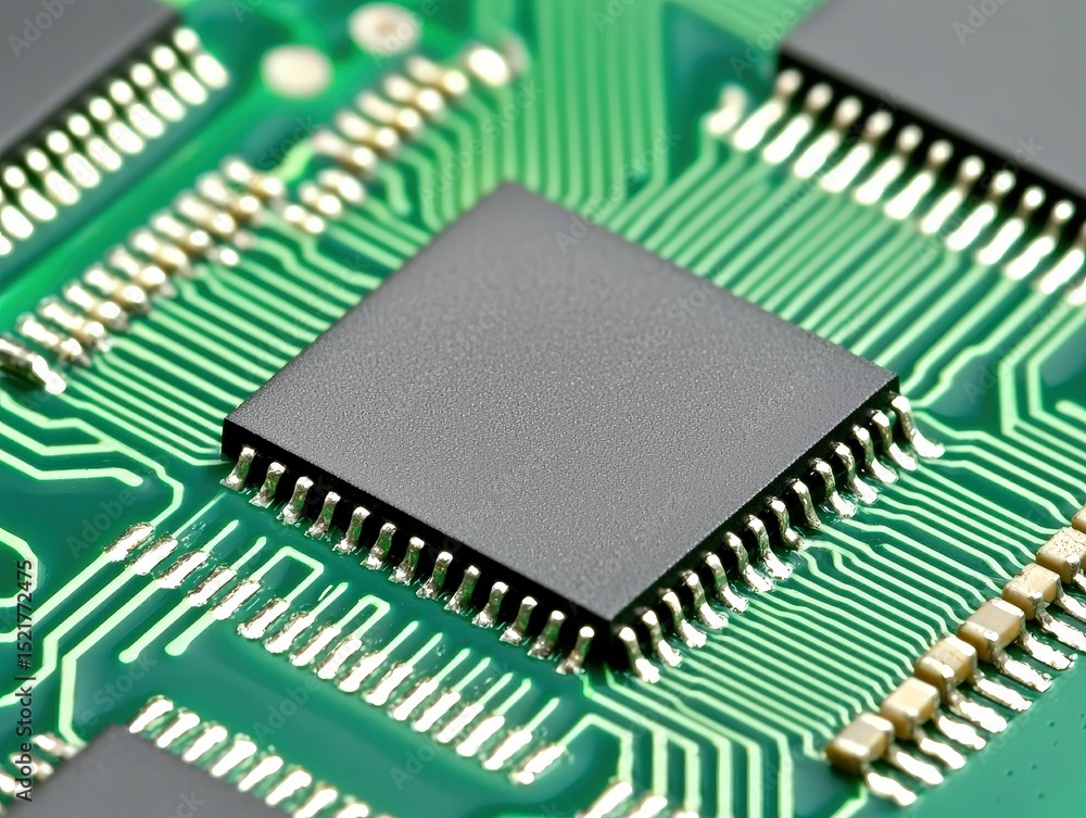 Poster close-up of a microchip on a green printed circuit board with intricate electronic connections.