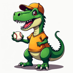 Vector drawing for children, teenager t-shirt. 
Cute green dinosaur boy with ball for baseball game
isolated on white background. Design for fabric, 
paper, clothing.