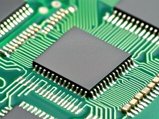 Close-up of a microchip on a green printed circuit board with intricate electronic connections.