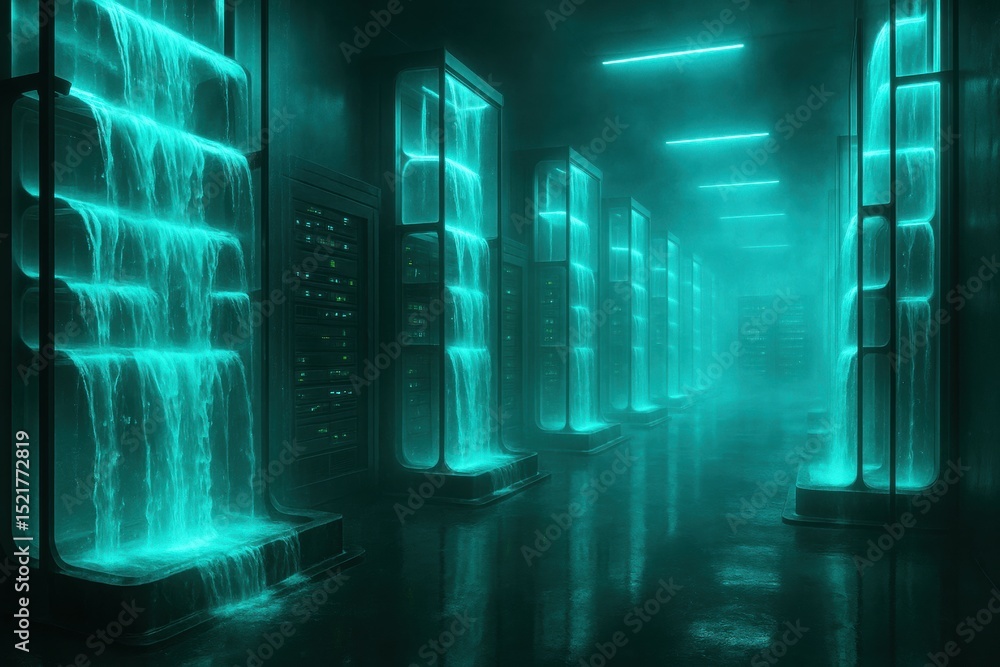 Poster futuristic data center with glowing waterfalls and ambient fog