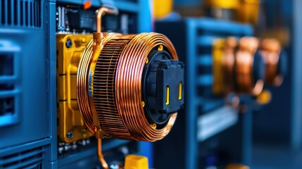 Obraz premium Close-up View of Copper Winding on Industrial Equipment and Machinery in a Modern Manufacturing Facility