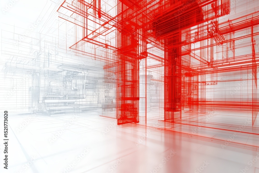Aufkleber 3d architectural sketch with red lines on a minimalistic background.