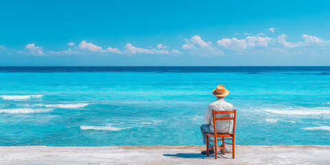 Contemplative moments by the azure sea on a sunny day with gentle waves and fluffy clouds