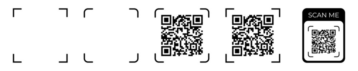 QR code icon set with various scan frames and a "scan me" label isolated on transparent background, modern vector elements for digital interaction, mobile access, and quick information sharing