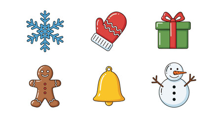Fototapeta premium Colorful Christmas icons including snowflake, mitten, and gift - Concept of set of icons 