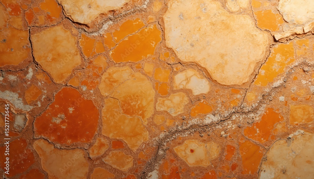 Poster close-up of cracked orange marble stone texture. rough weathered surface with irregular cracks. natu