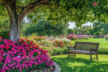 Fototapeta premium A colorful summer garden filled with blooming flowers surrounds a wooden bench nestled beneath a shady tree, inviting moments of relaxation and enjoyment of natures beauty