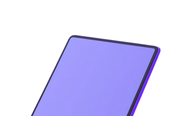 Touchscreen digital tablet with purple screen isolated on transparent background great for advertising, mockups, and design use