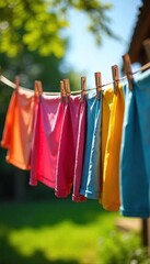 Vibrant colorful clothing pegged to a rustic wooden clothesline, drying in the sun Perfect for spring, summer, laundry, home, and nature themes , wind, drying, rustic