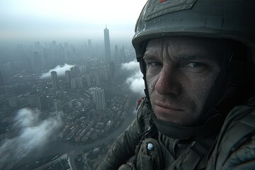 Soldier overlooking a cityscape during a cloudy morning with a determined expression