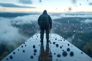A lone hiker stands on a ledge overlooking a valley shrouded in mist during dawn