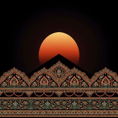 Ornamental Pattern with Sun on Black Background