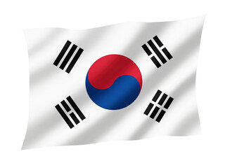 South Korean flag with red-blue symbol and black trigrams, fully in frame and gently waving, not connected to anything, isolated on a transparent background