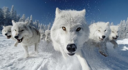Obraz premium Pack of White Wolves Running Through Deep Snow in Winter, Showcasing Wildlife Conservation and Wilderness Adventure : Generative AI