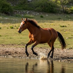 Brown Horse Galloping in Water