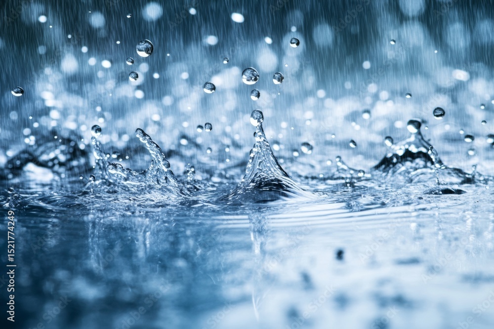 Poster raindrops collide with a glossy surface, generating concentric ripples and dynamic splashes. the vib