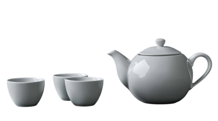 Minimalist tea set composition featuring elegant white teapot and matching cups isolated on transparent background for clean design