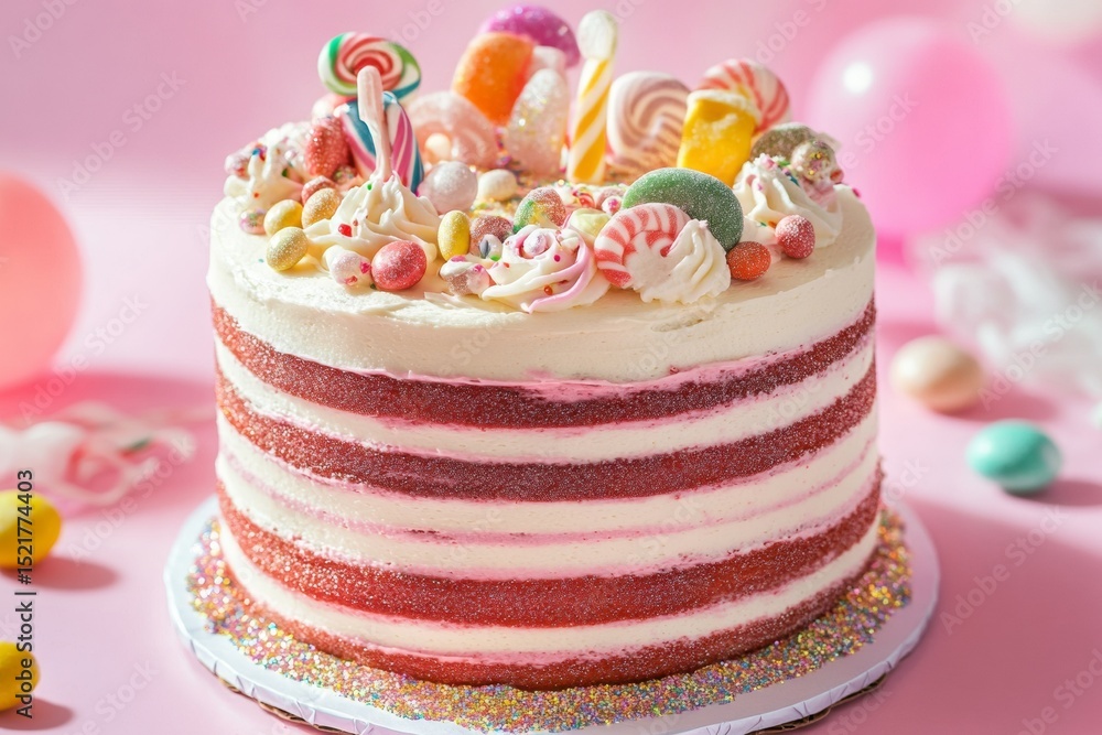 Poster a beautifully crafted birthday cake showcases colorful layers of frosting, topped with an array of c