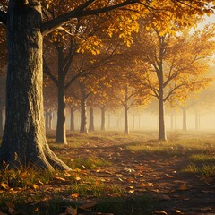 Autumn Trees with Yellow Leaves in Forest