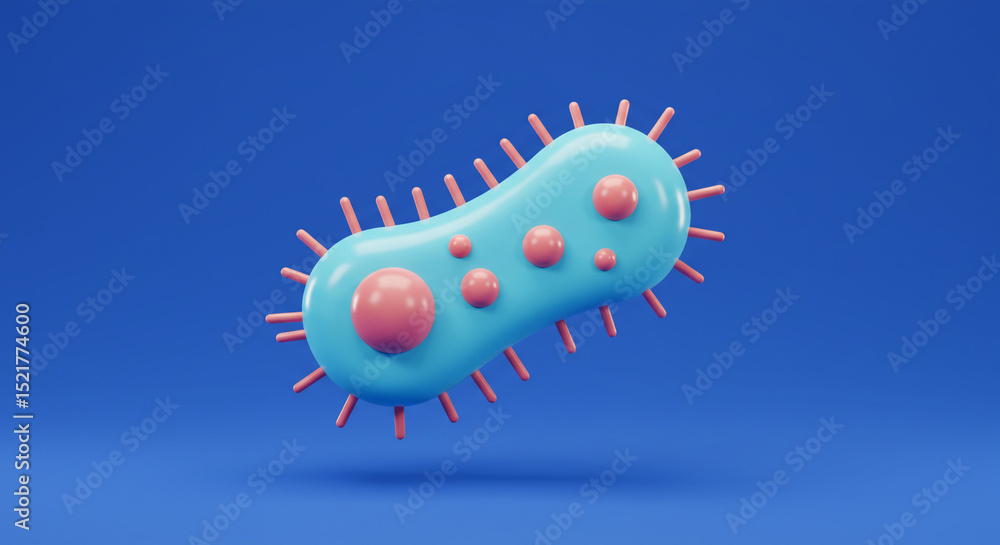 Poster a stylized rendering of a blue bacterium with pink spikes and internal structures on a blue backgrou