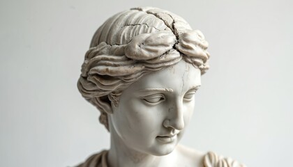 Obraz premium Marble head of ancient statue. Portrait of woman with delicate features, detailed sculpture art. Decorative element, classical design, historical monument, relic from past.