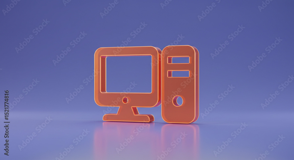 Poster a stylized orange computer icon with a monitor and tower on a gradient blue and purple background