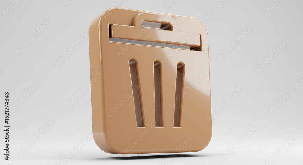 Poster a tan colored trash bin icon with three vertical slots and a handle on a white background in a studi