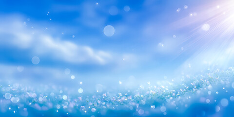 Bright sunlight sparkling over a serene meadow filled with delicate flowers and soft clouds in the clear blue sky at dawn