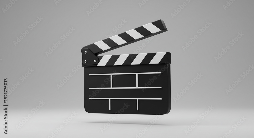 Poster a black and white clapperboard with stripes and lines on a gray background in a studio setting