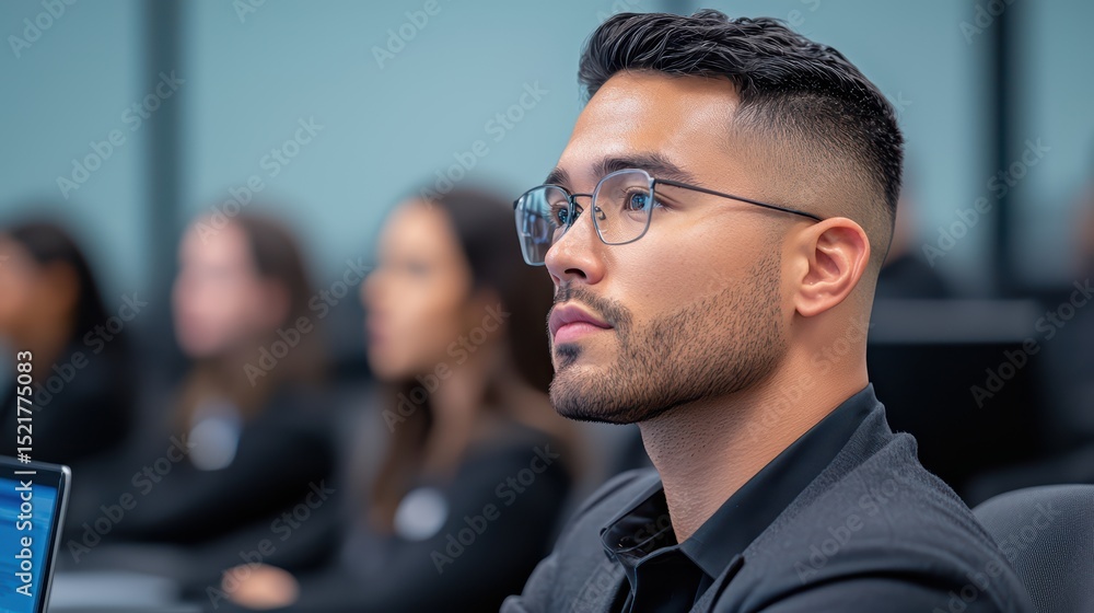 Poster focused student in classroom with laptop attending lecture and engaging in learning environment