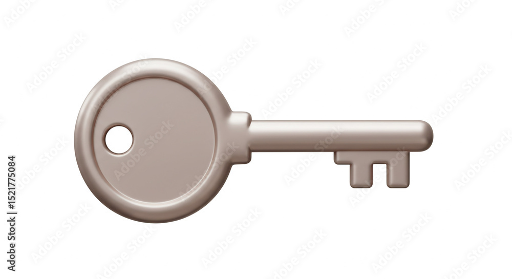 Poster a shiny silver key with a circular head and a rectangular bit on a plain white background is display