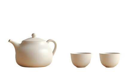 Simple and modern tea set featuring minimalist tea pot and cups isolated on transparent background ideal for calm and refined visuals
