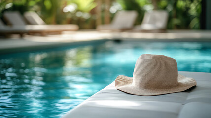 A straw hat rests on a lounger by a pool with lush greenery.