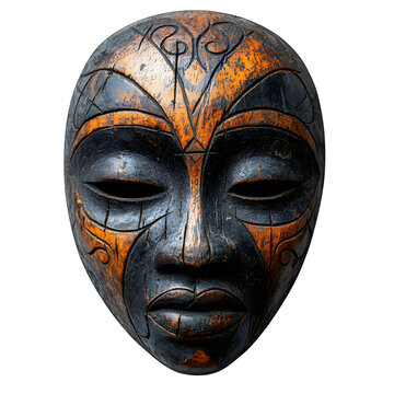 A small carved wooden Yoruba mask with tribal markings, slightly weathered, isolated on a white background, soft natural light showcasing the texture.