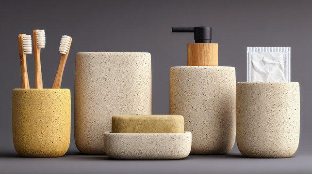 Stylish bathroom essentials arranged in earthy tones showcasing a modern aesthetic for a serene cleaning experience