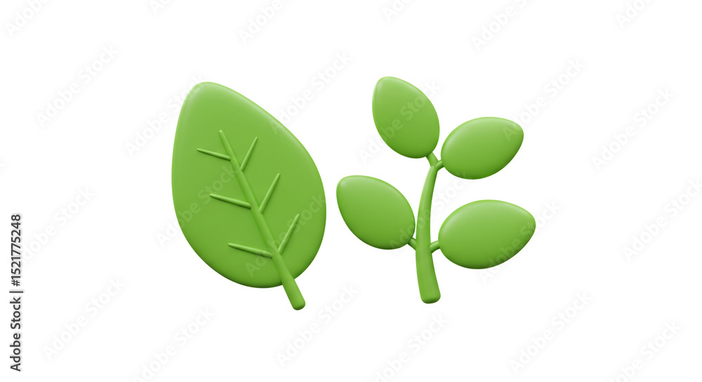 Aufkleber a simple image showing a single green leaf and a stem with four leaves on a plain white background