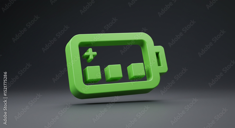 Aufkleber a green battery icon with three blocks and a plus sign on a gray background in a rendered image