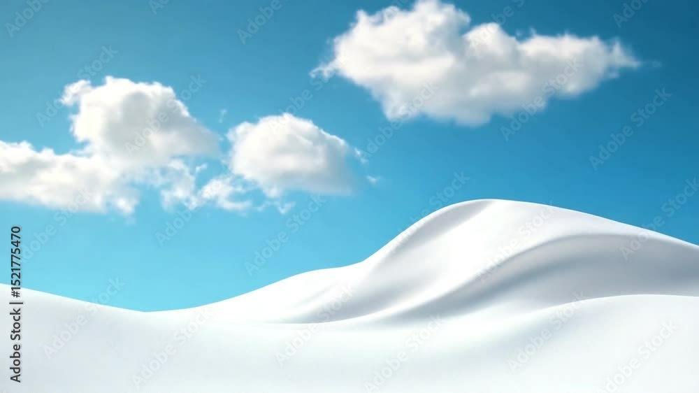 Poster serene cloudscape: a minimalist view of a pure, snow-covered dune under a vivid, azure sky adorned w